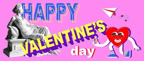 Statue of a woman with a halftone effect in a retro collage style with vector graphic elements. Happy Valentine's Day.