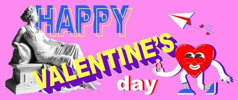 Statue of a woman with a halftone effect in a retro collage style with vector graphic elements. Happy Valentine's Day.