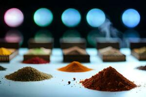 a variety of spices are arranged on a table. AI-Generated photo