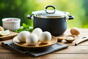 eggs on a wooden table with a pot and other ingredients. AI-Generated photo
