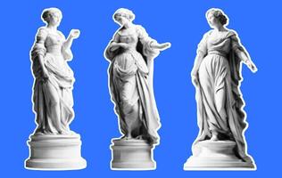 Set of statues of women in retro collage style of the Renaissance. Vector illustration with halftone effect. Set of stickers in vintage style.