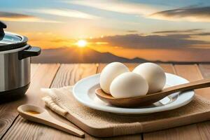 eggs on a plate with a pan and a spoon. AI-Generated photo