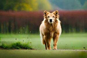 a golden retriever walking on a path in a field. AI-Generated photo