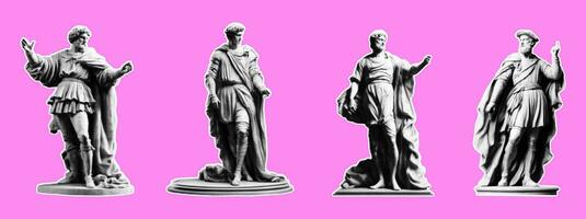 Set of statues of men in retro collage style of the Renaissance. Vector illustration with halftone effect. Set of stickers in vintage style.