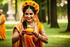 a woman in traditional indian attire holding a pot. AI-Generated photo