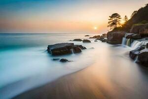 a long exposure photograph of a waterfall on the beach. AI-Generated photo