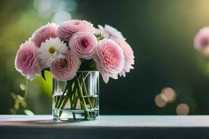 pink flowers in a vase on a table. AI-Generated photo