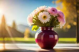 a vase with pink flowers on a table in front of the sun. AI-Generated photo
