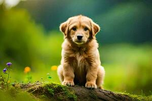 a golden retriever puppy sitting on a log in the grass. AI-Generated photo