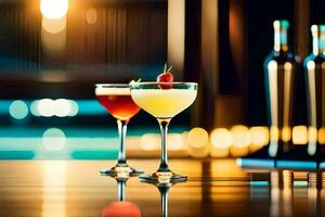 two cocktails sit on a bar counter. AI-Generated photo