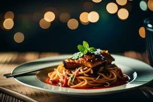 a plate of spaghetti with meat and sauce on a table. AI-Generated photo