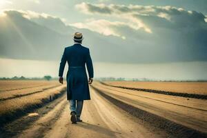 a man in a suit walks down a dirt road. AI-Generated photo