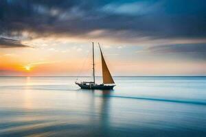 a sailboat is sailing in the ocean at sunset. AI-Generated photo