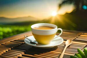 a cup of tea on a wooden table. AI-Generated photo