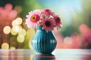 a blue vase with pink flowers on a table. AI-Generated photo