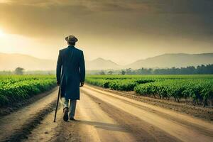 a man in a suit walks down a dirt road. AI-Generated photo