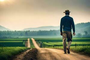 a man walking down a dirt road in the middle of a field. AI-Generated photo