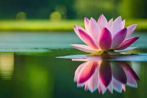 a pink lotus flower is reflected in the water. AI-Generated photo