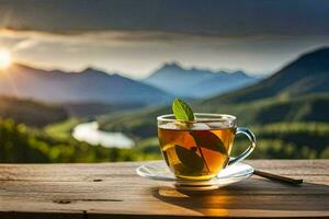 a cup of tea on a mountain top. AI-Generated photo