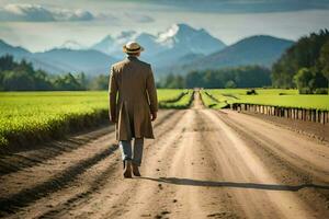 un hombre en un sombrero y Saco caminando abajo un suciedad la carretera. generado por ai foto