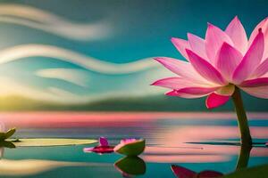 pink lotus flower in the water with the sun setting behind it. AI-Generated photo