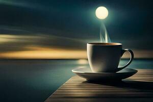 un taza de café en un de madera mesa con un lleno Luna en el antecedentes. generado por ai foto