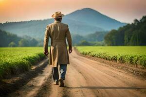 a man in a trench coat and hat walks down a dirt road. AI-Generated photo