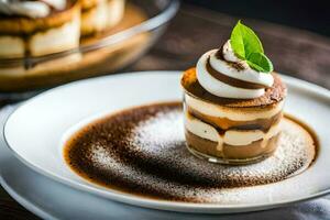 a dessert on a plate with whipped cream and chocolate. AI-Generated photo