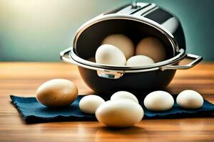eggs in a basket on a table. AI-Generated photo