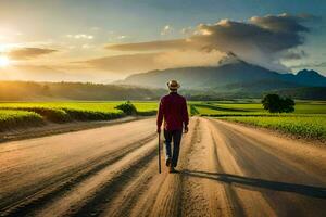 a man walking down a road with a cane. AI-Generated photo