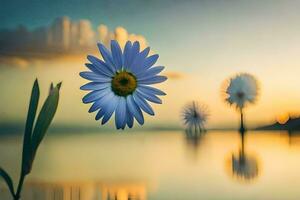 un flor es reflejado en el agua a puesta de sol. generado por ai foto