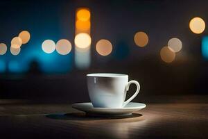 a cup of coffee on a table in front of a blurred background. AI-Generated photo