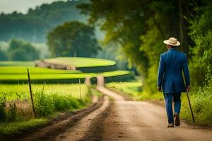 un hombre en un traje y sombrero caminando abajo un suciedad la carretera. generado por ai foto