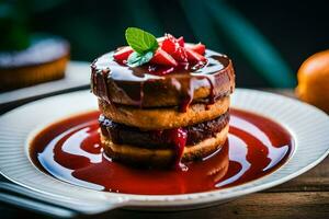 stack of pancakes with strawberry sauce on top. AI-Generated photo