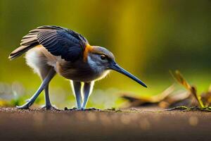 a bird with long legs standing on the ground. AI-Generated photo