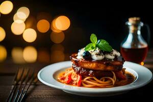 a plate of spaghetti with meat and sauce on a wooden table. AI-Generated photo