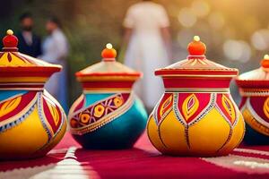 colorful pots with designs on them sit on a table. AI-Generated photo