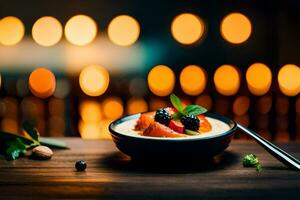 a bowl of soup with berries and nuts on a wooden table. AI-Generated photo