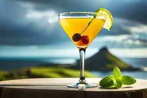 cocktail on a wooden table with a view of the ocean. AI-Generated photo