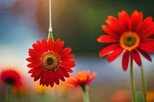 red flowers hanging from a string in a field. AI-Generated photo