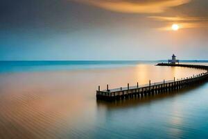 a long exposure photograph of a pier at sunset. AI-Generated photo