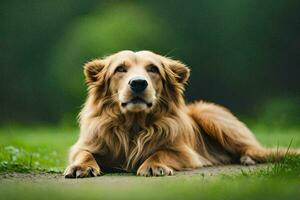 a golden retriever laying on the grass. AI-Generated photo