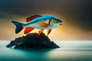 a fish is standing on top of a rock in the ocean. AI-Generated photo