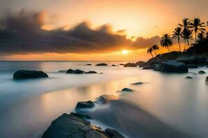 a long exposure photograph of a beach with palm trees. AI-Generated photo