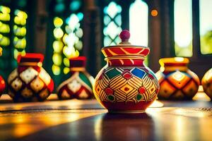 colorful vases on a table with sunlight shining through them. AI-Generated photo