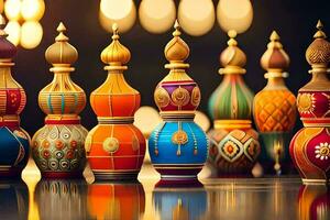 many colorful vases are lined up on a table. AI-Generated photo