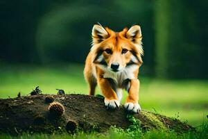 photo wallpaper the ground, grass, forest, animal, fox, the animal, the fox,. AI-Generated