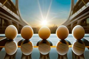 five eggs are lined up in front of a city skyline. AI-Generated photo