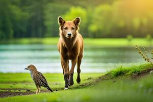 a dog and a bird walk along a grassy field. AI-Generated photo