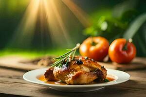 pollo con Romero y Tomates en un lámina. generado por ai foto